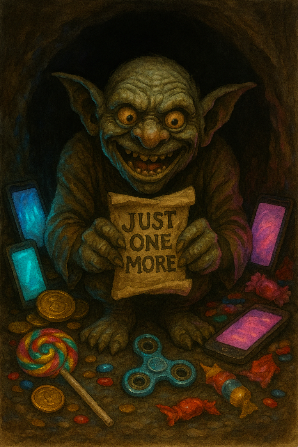 Illustration of the Dopamine Goblin clutching shiny objects