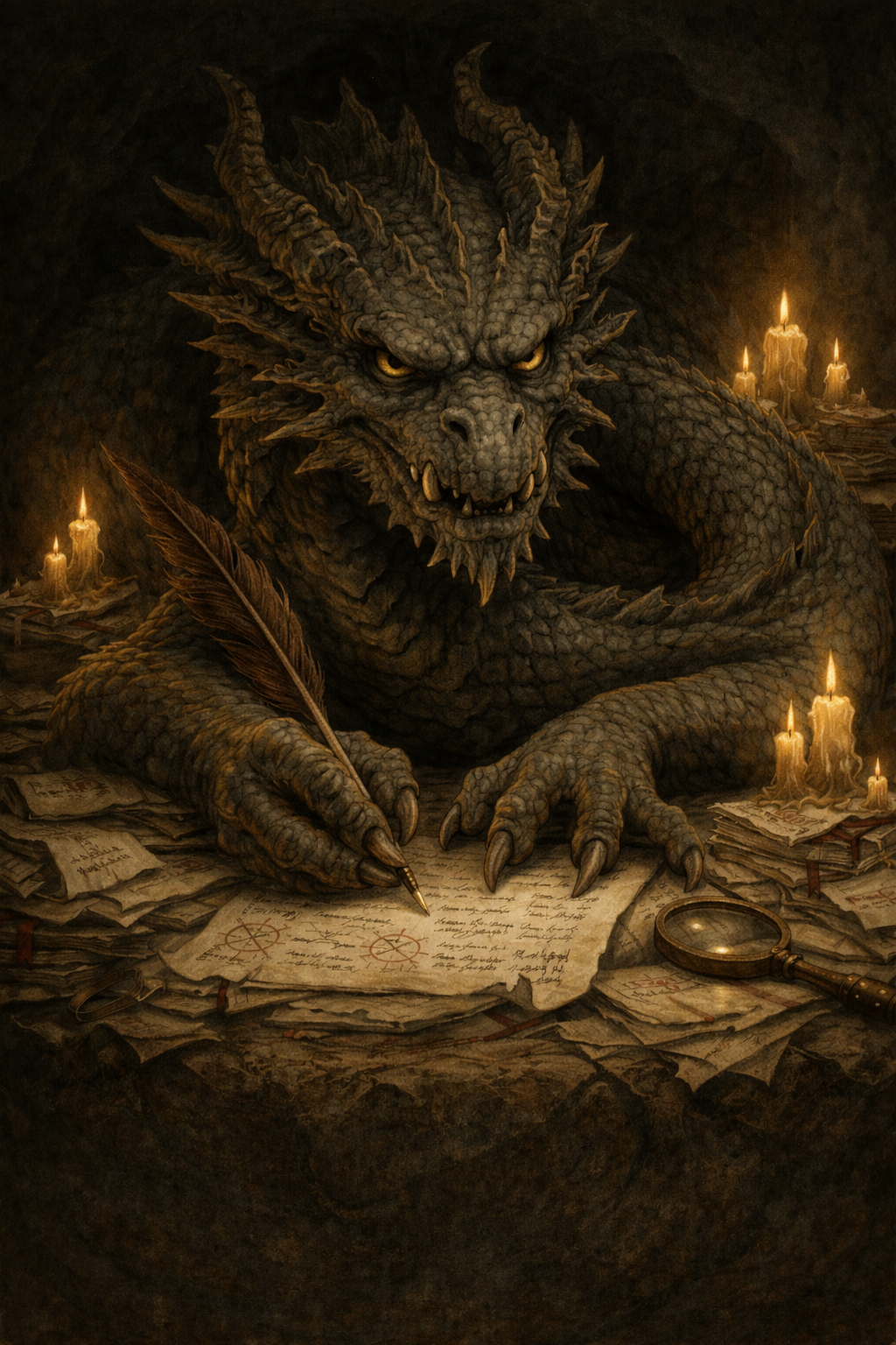 Illustration of the Perfection Wyrm coiled around unfinished pages and a candlelit desk