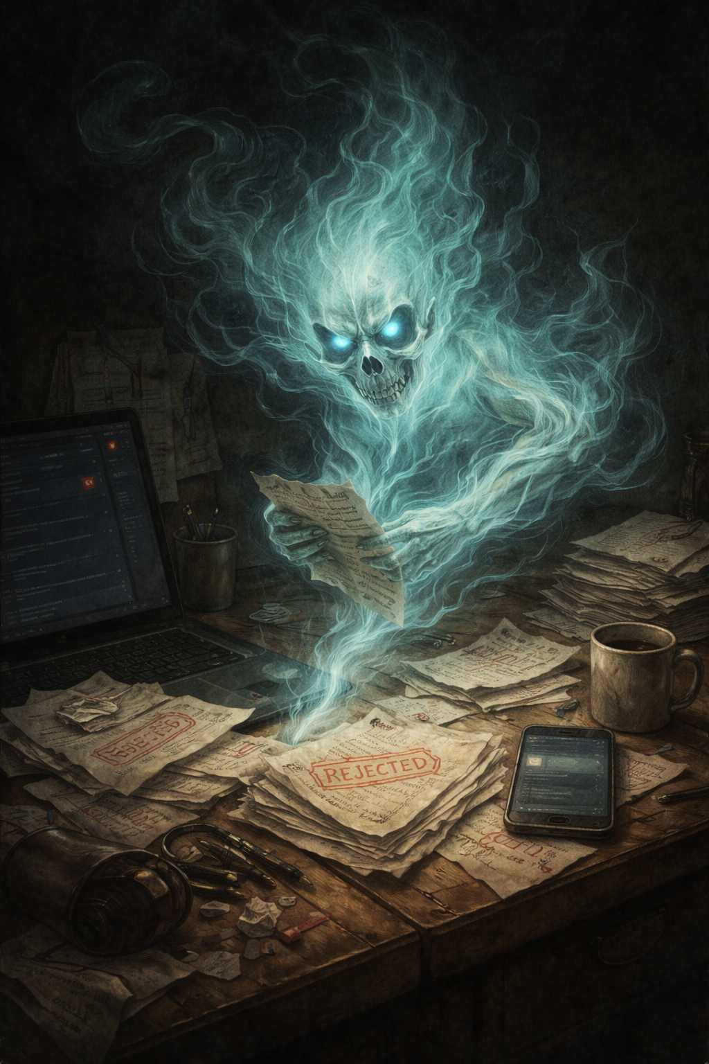 Illustration of the Rejection Wisp haunting a lantern-lit desk and unread messages