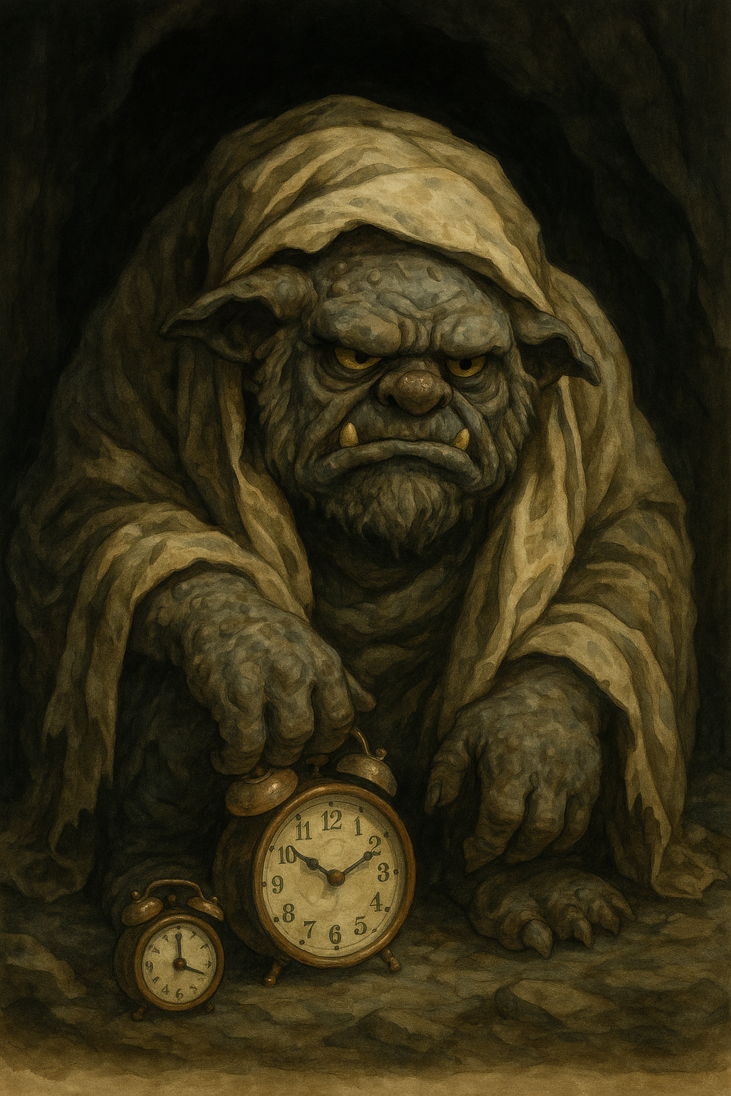 Illustration of the Slumber Troll, a sleepy giant emerging from blankets