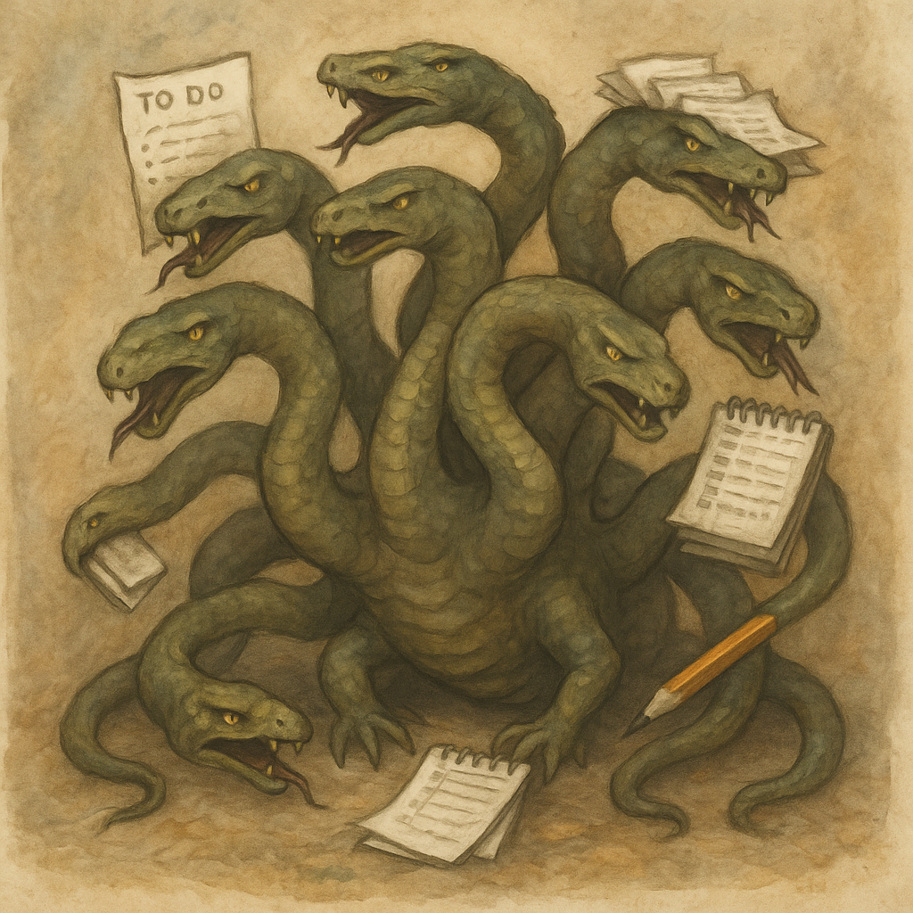 Illustration of the Task Hydra with many heads symbolizing overwhelming tasks