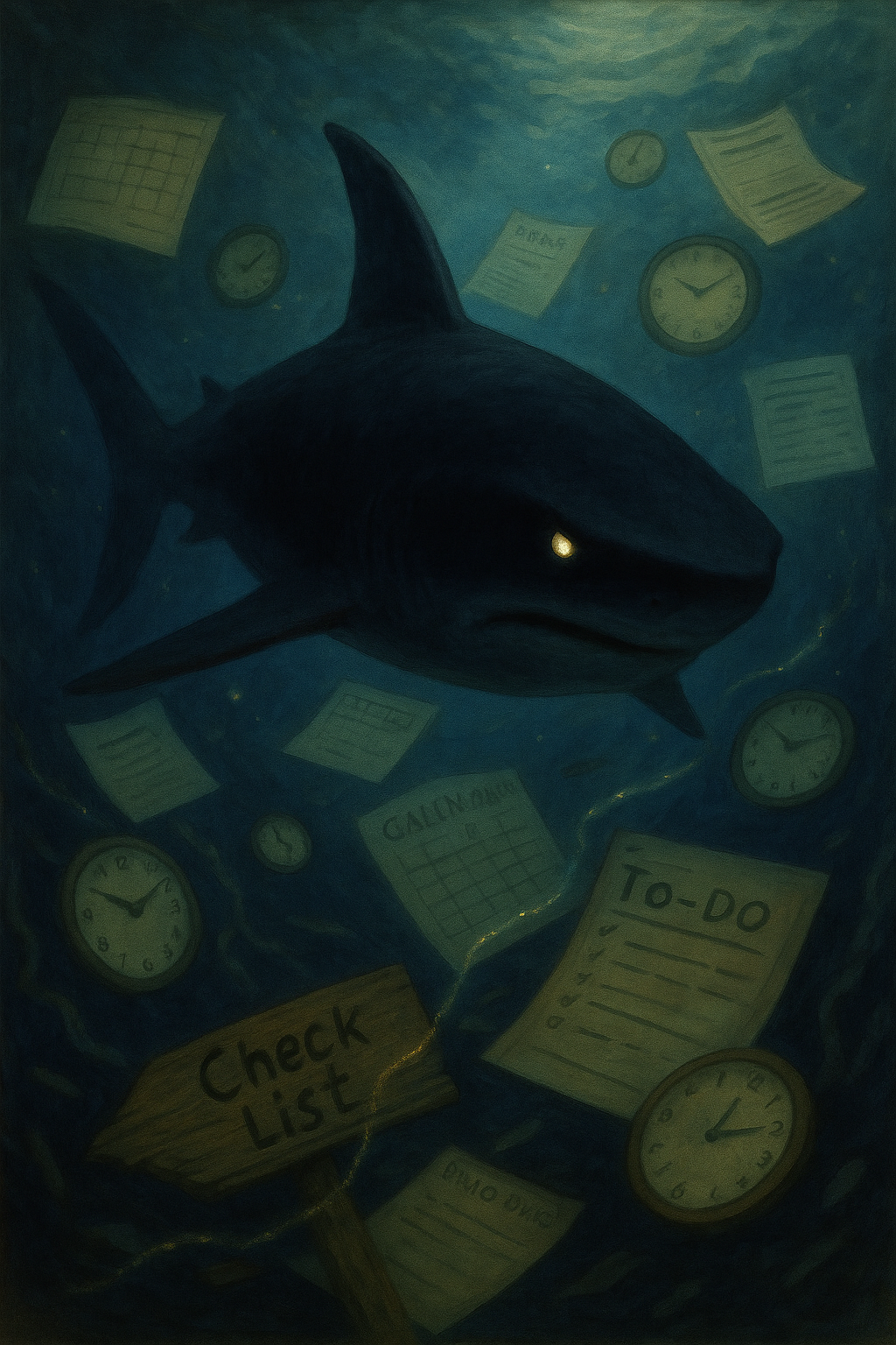 Illustration of the Temporal Shark circling with a clock-themed fin