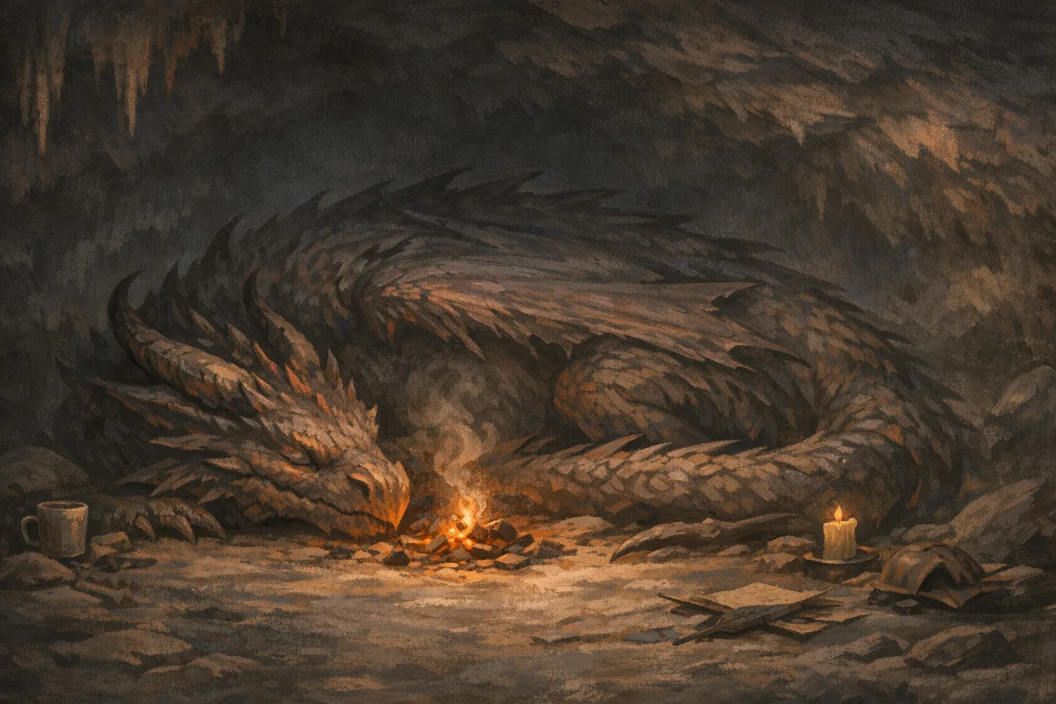Resting dragon curled around a small ember in a quiet cavern