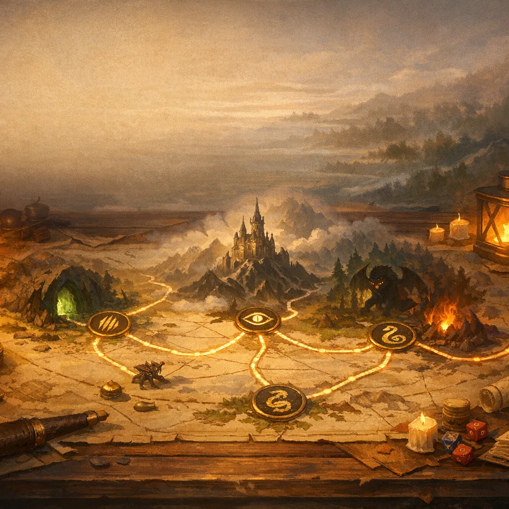 Branching tabletop map with glowing paths toward different monster routes