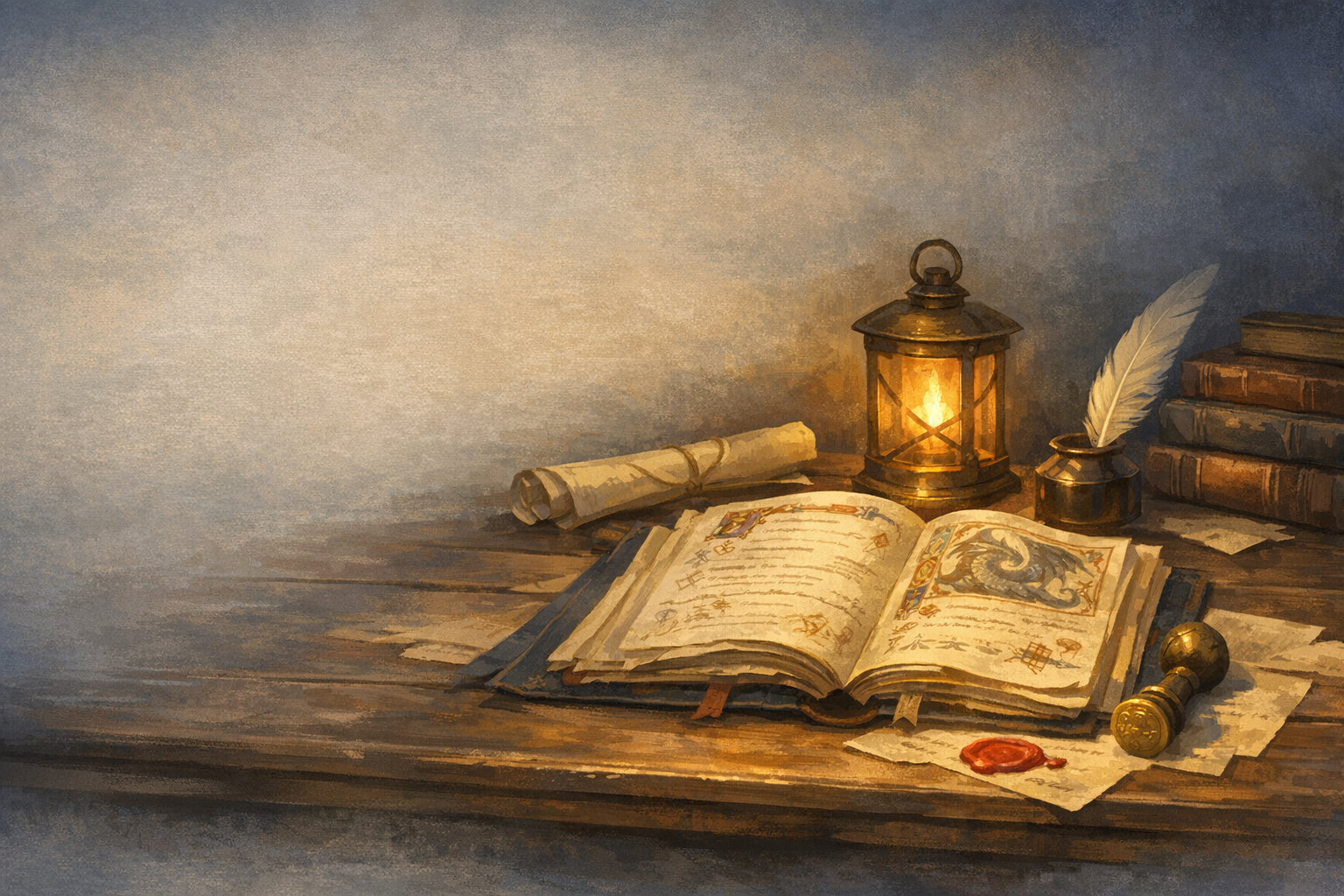 Guild charter desk with illuminated manuscript pages, lantern, and quiet study tools