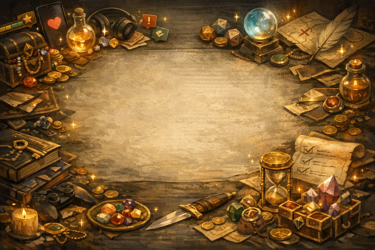 Treasure-like desk of shiny distractions circling a tempting empty work space