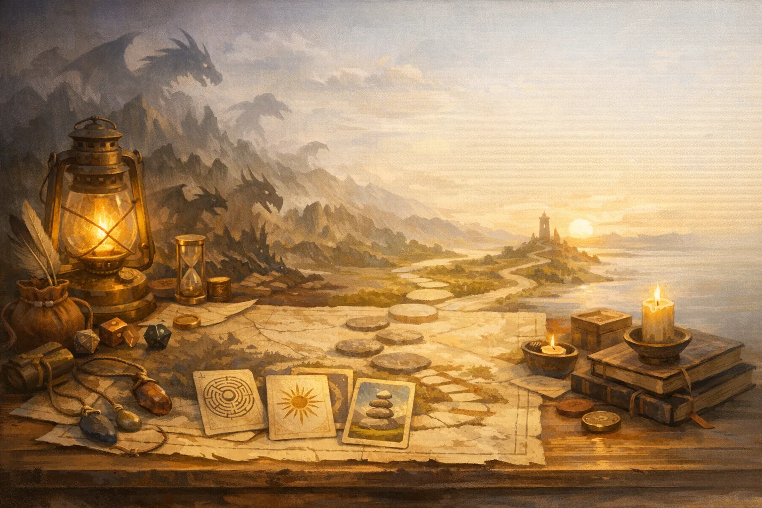Mythic tabletop landscape with a lantern, ritual cards, and a path opening toward dawn
