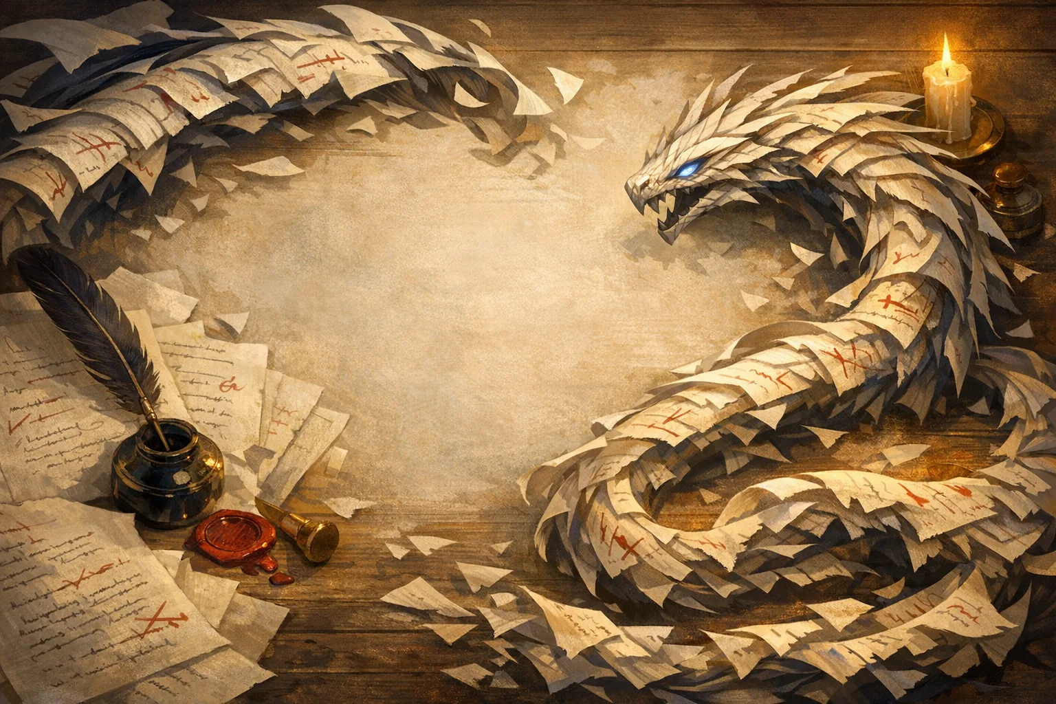 Paper-scaled wyrm coiled around unfinished pages, ink, wax seal, and candlelight