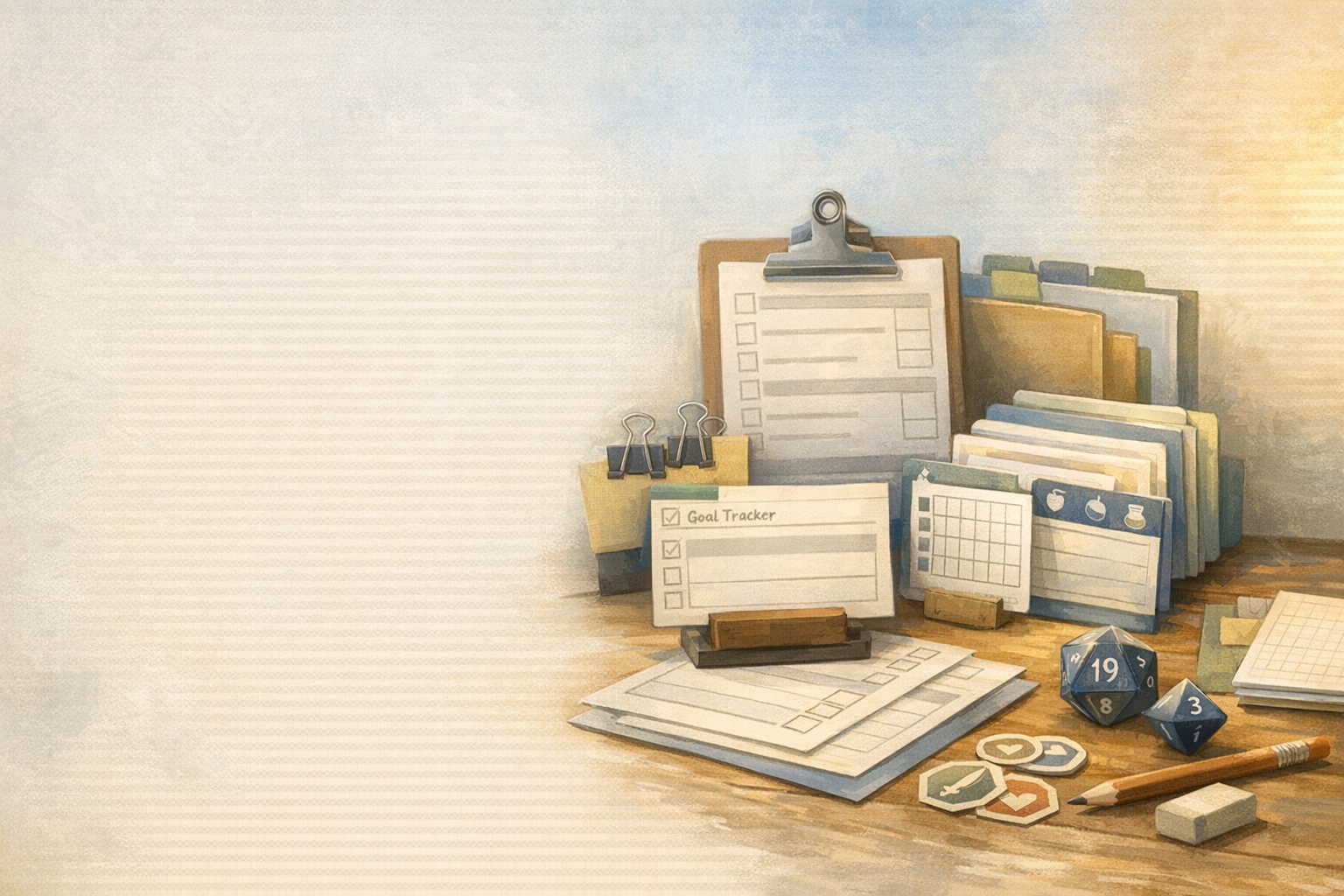 Organized tabletop with printable cards, checklists, folders, and practical support tools