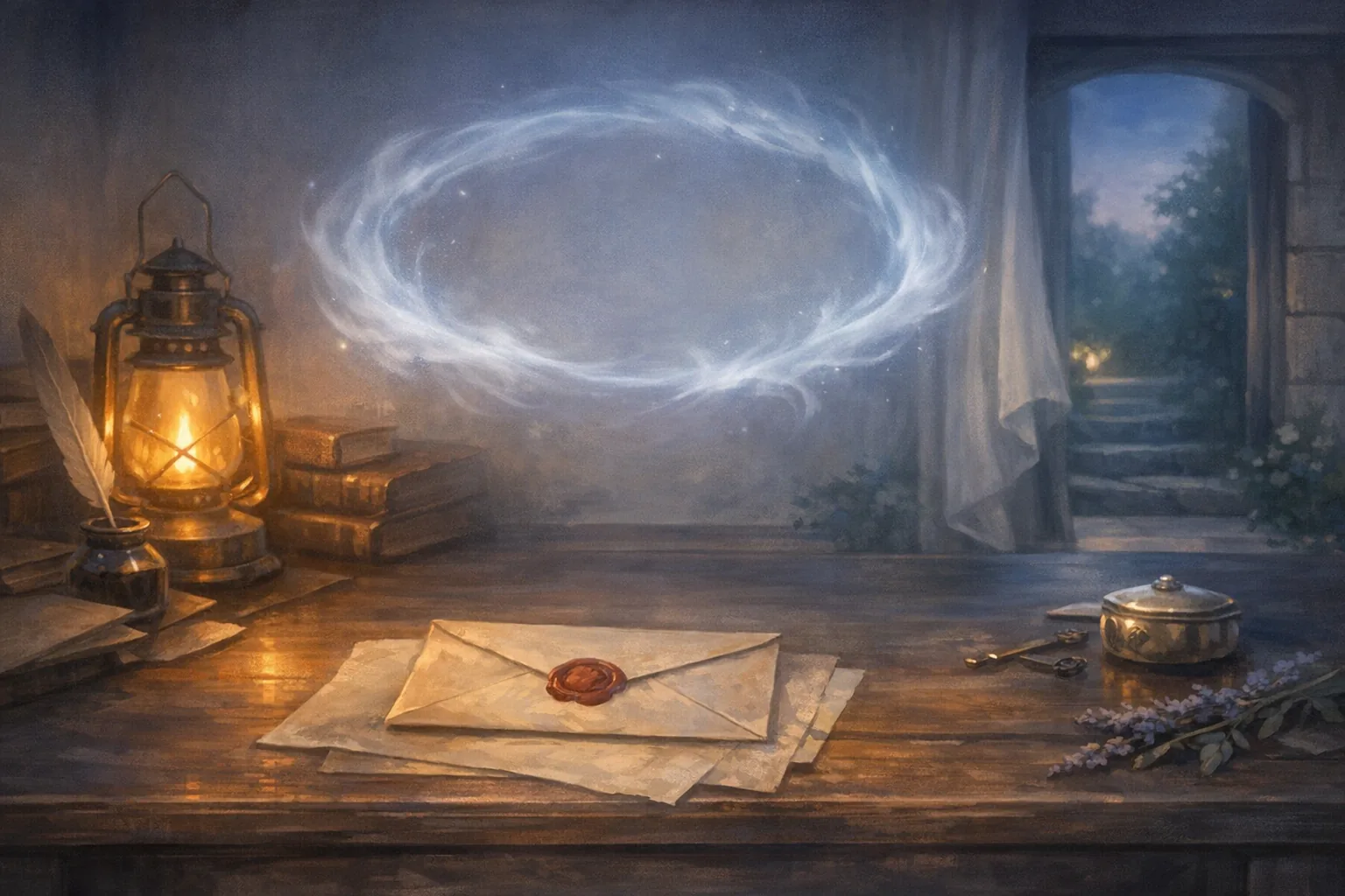 Lantern-lit desk with a sealed letter, soft ghostly ring, and open doorway at dusk