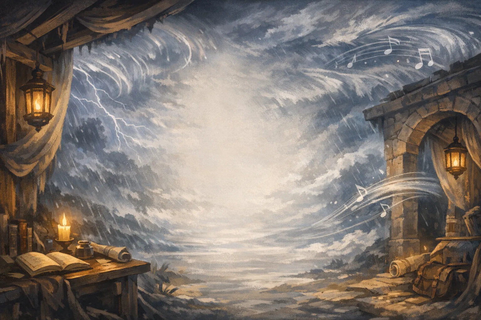 Sheltered refuge beneath swirling storm patterns, lantern light, and a calm center