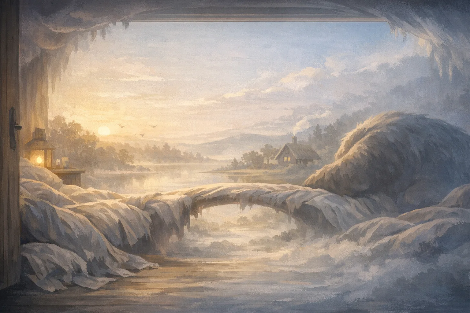 Sleepy dawn bridge from blankets to morning light with a quiet river crossing