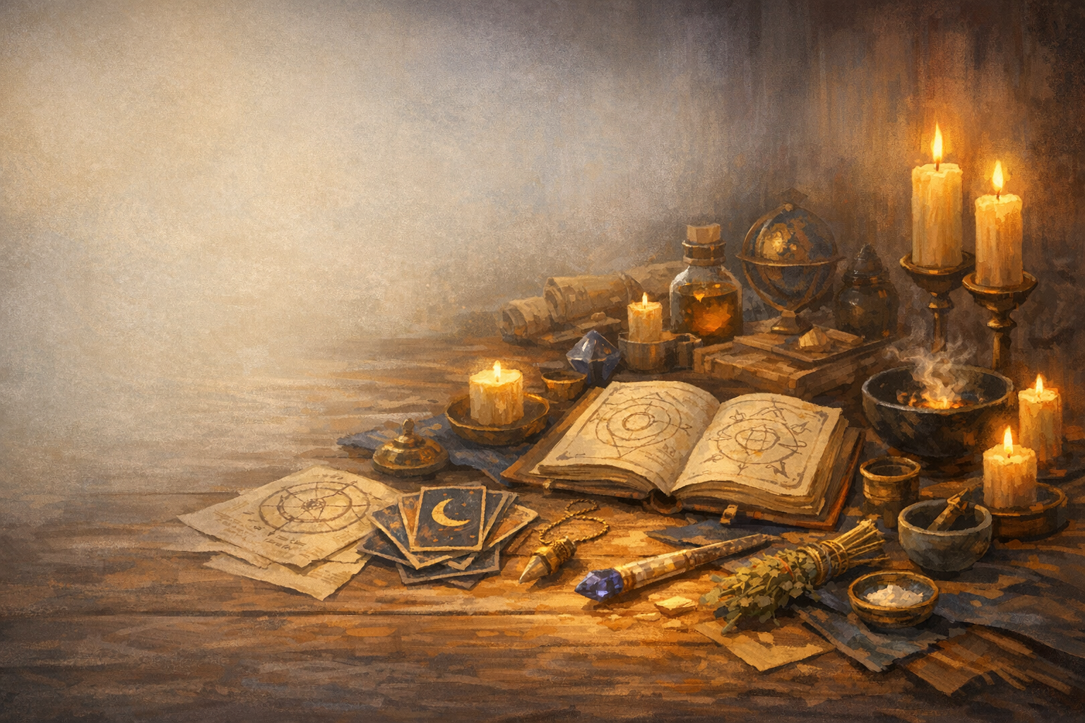 Ritual table with candles, notebooks, cards, and practical spell tools