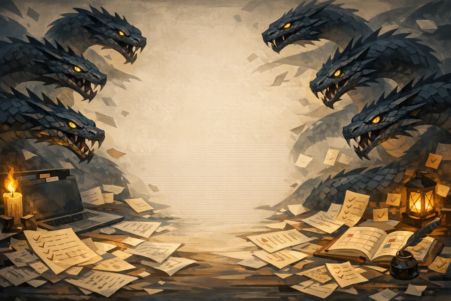 Many-headed hydra rising from scattered task lists, notes, and desk clutter