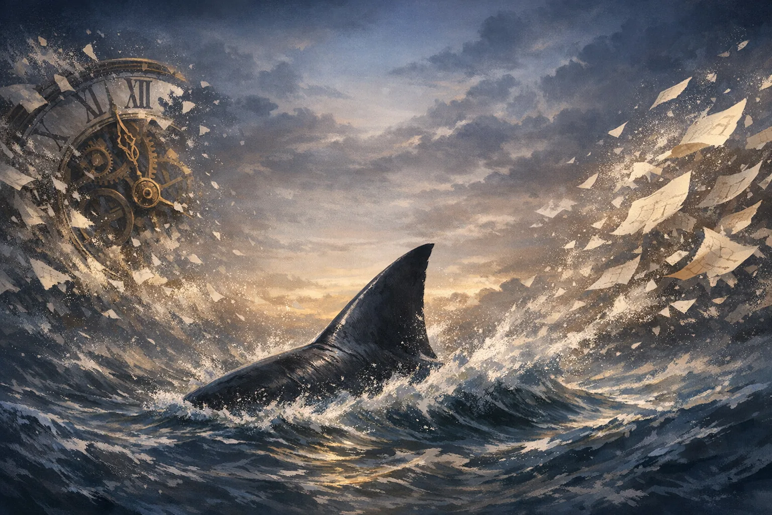Shark fin cutting through tidal water with clockwork and calendar fragments in the surf