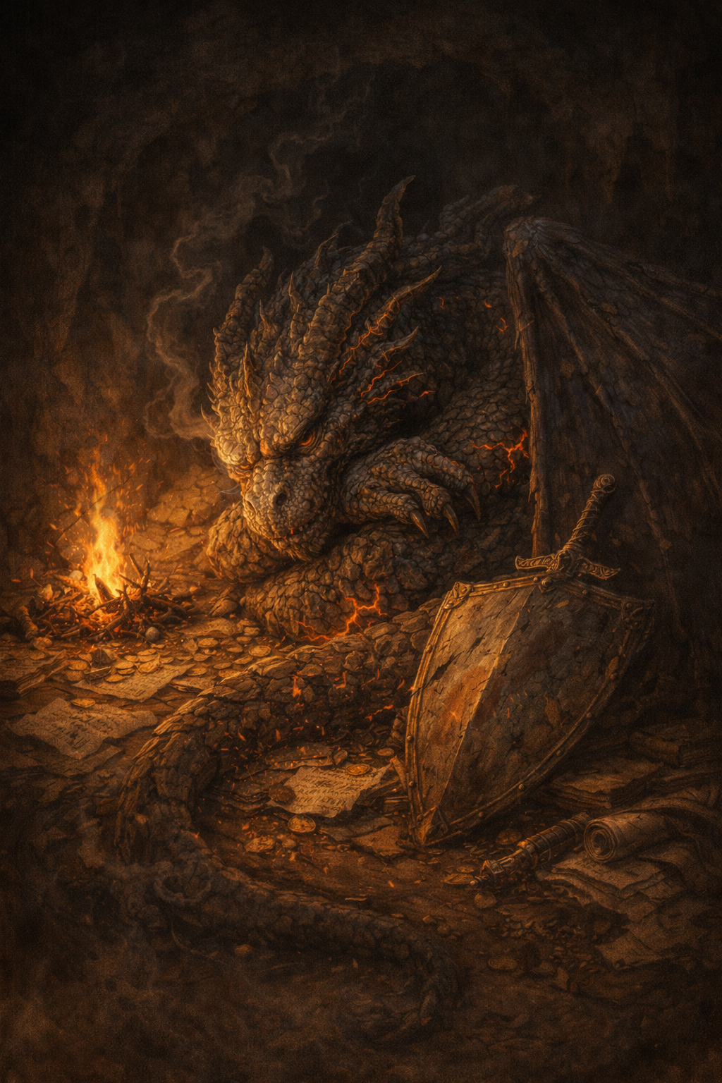 Illustration of the Burnout Dragon curled around a dim ember in a cavern